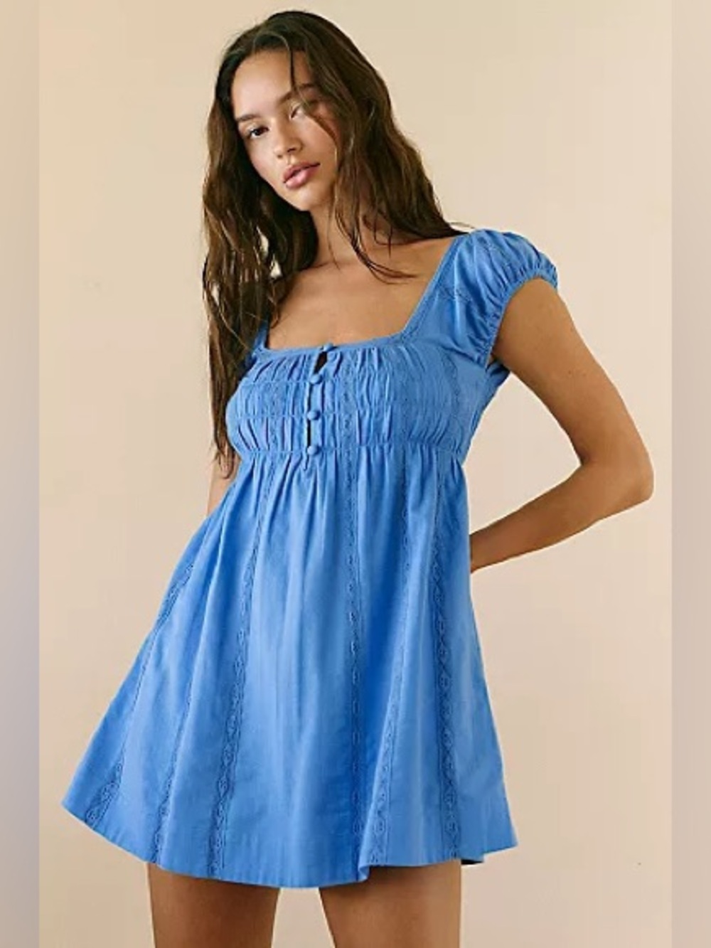Nina Babydoll Cotton-Linen Mini Dress in Blue Blaze